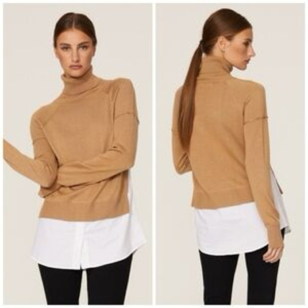 KF/KaufmanFranco Collective Women Brown Mixed Media Poplin Turtleneck Sweater M